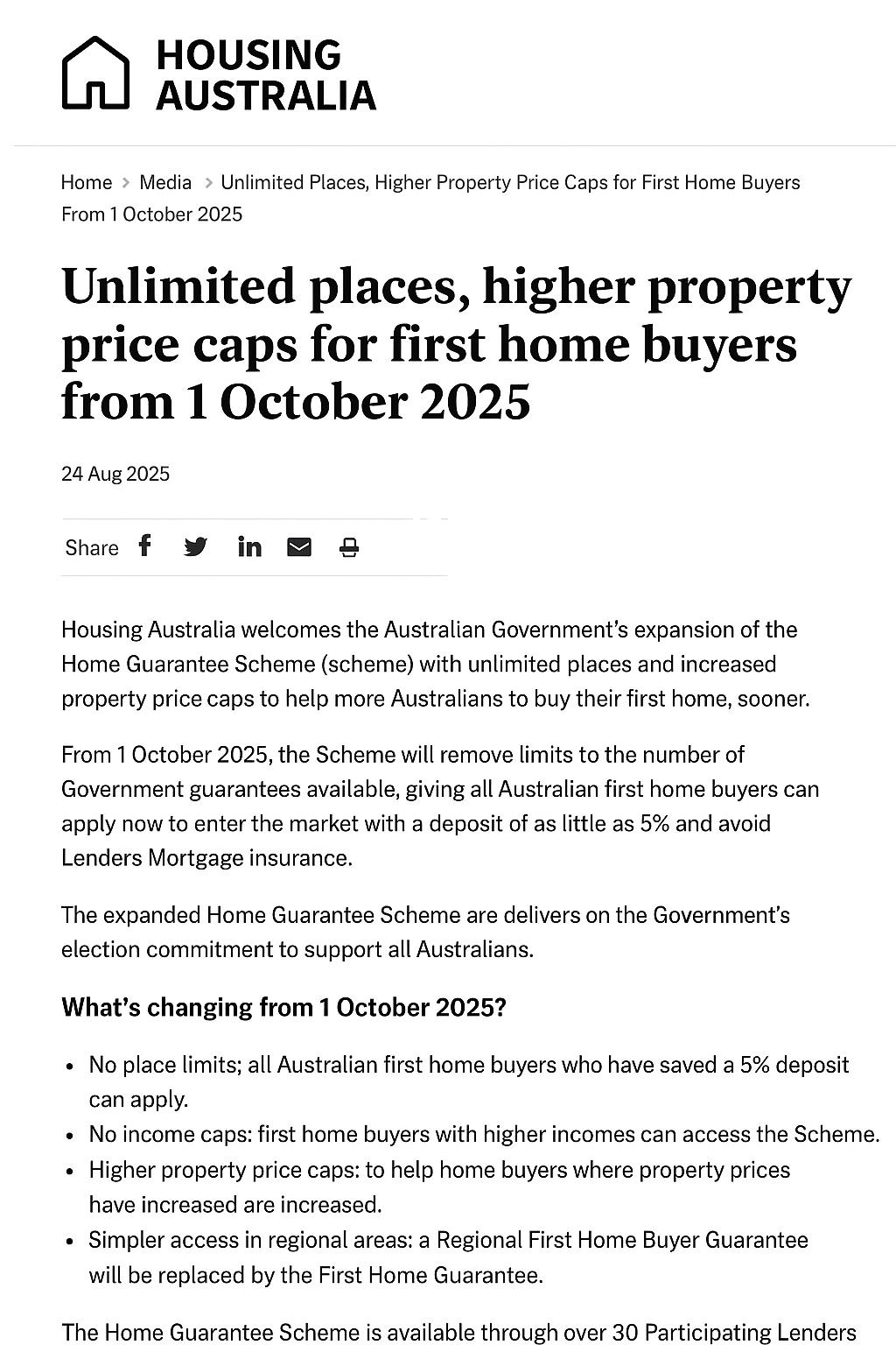 Unlimited places, higher property price caps for first home buyers from 1 October 2025